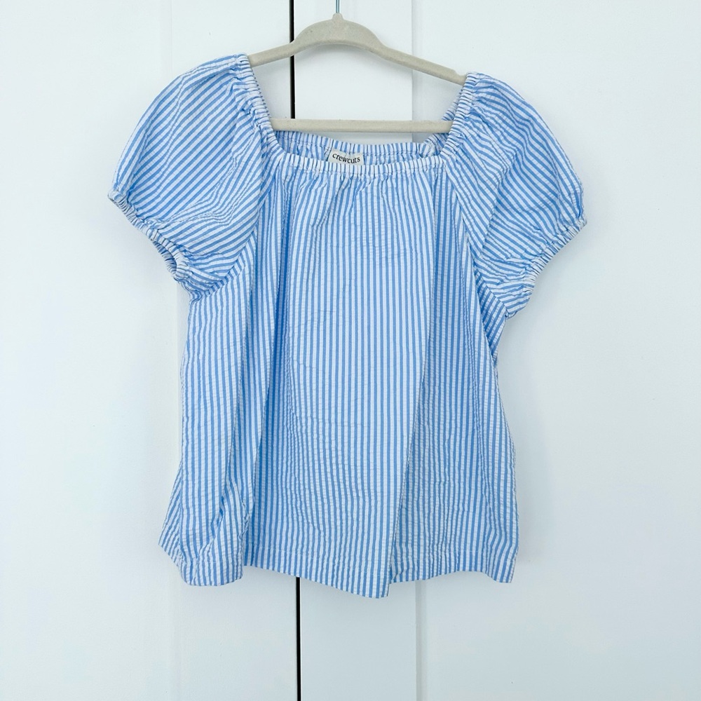 Crewcuts Blue & White Striped Seersucker Puff-Sleeve Top